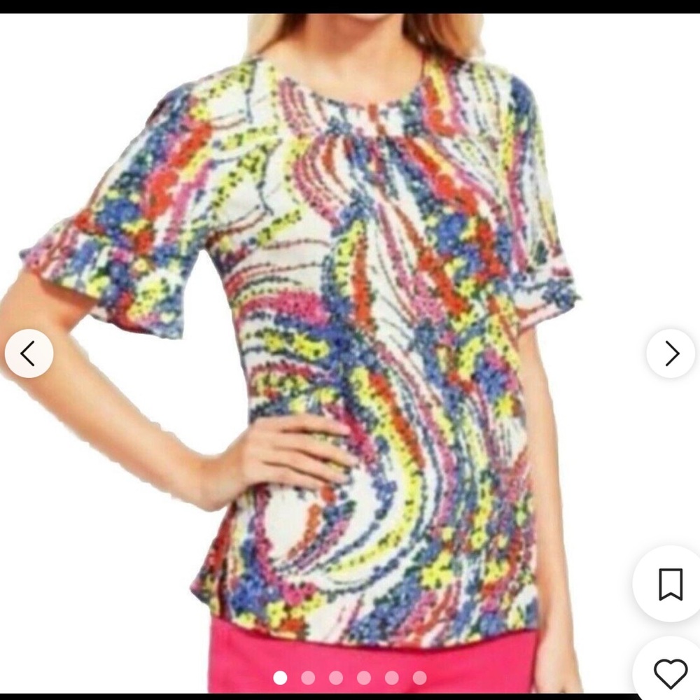 Talbots 2X Blouse White Multi Floral Swirl Flutter Ruffle Short Sleeve